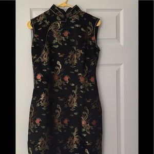 Black Dragon print brocade high-slit dress