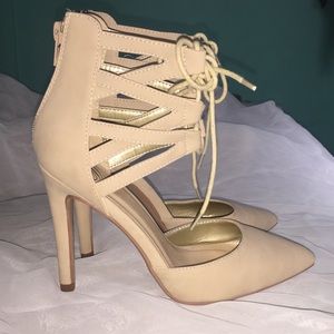 Nude lace up pointed toe heels