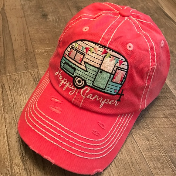 Pink red Happy Camper vintage style baseball hat - Picture 2 of 5
