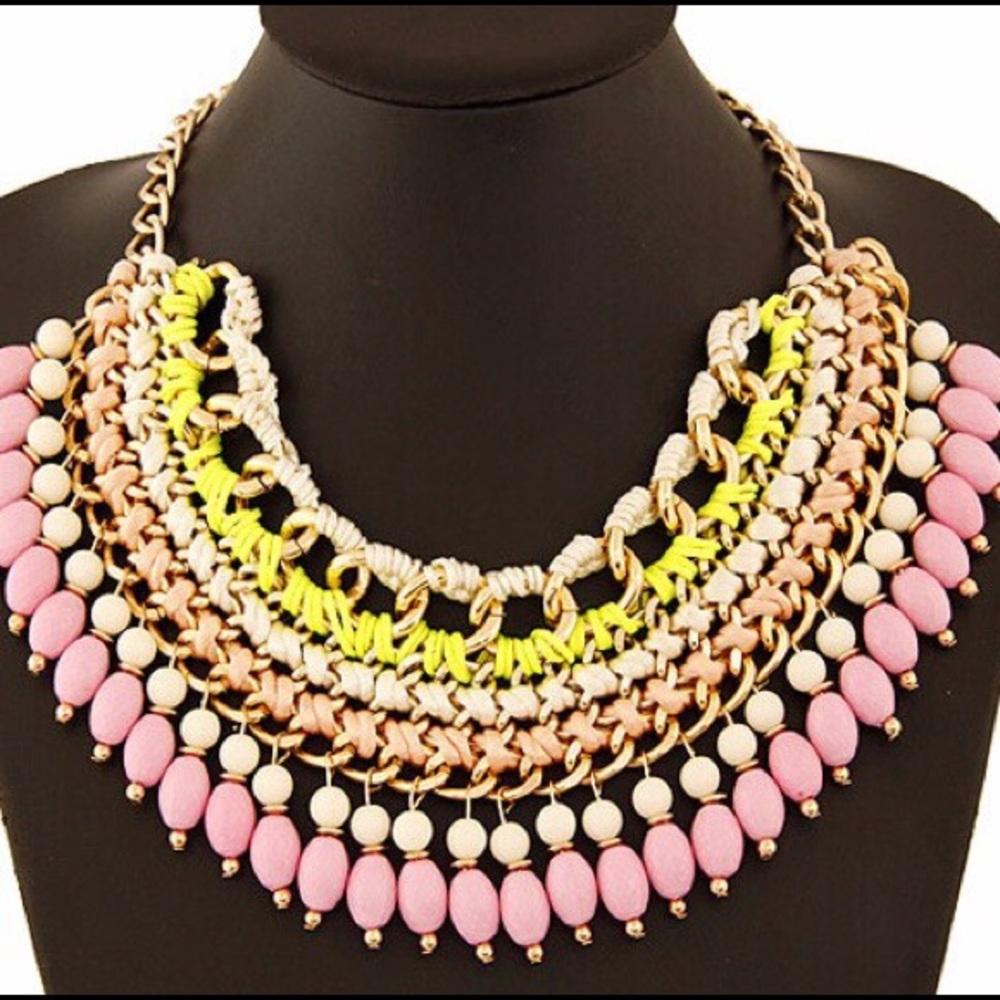 Pink Multi Colored Tassel Layered Necklace