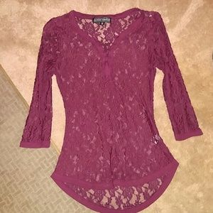 Beautiful burgundy lace dress shirt. Ties in front