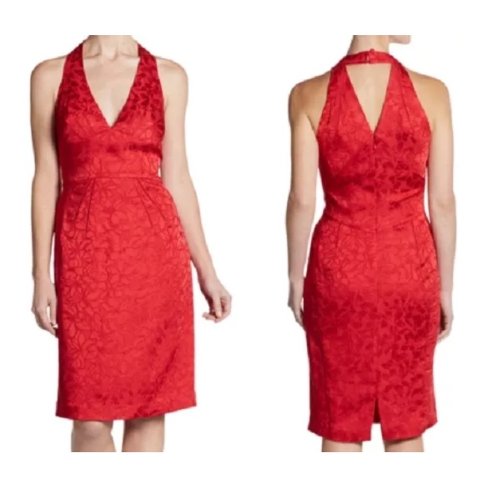 Zac Posen Red Silk Floral Brocade Halter Dress