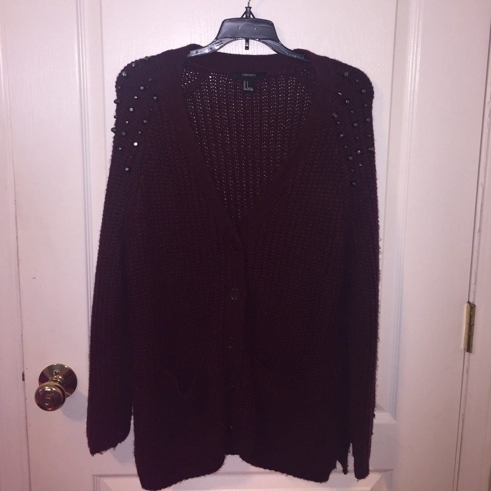 Oversized Maroon cardigan with studs on shoulders