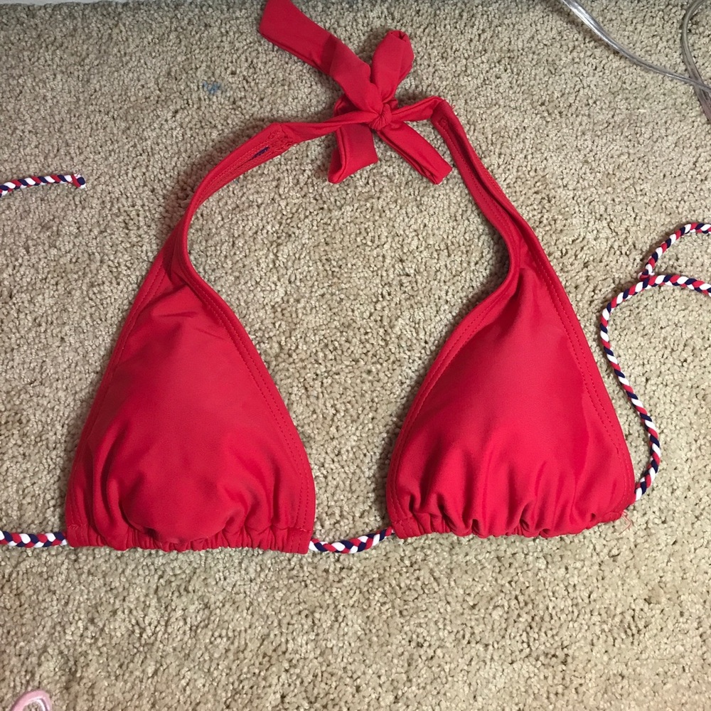 Red bikini top with red, white, blue braided tie