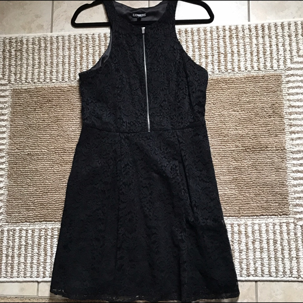 Express Black Lace Zip Front Fit and Flare Dress