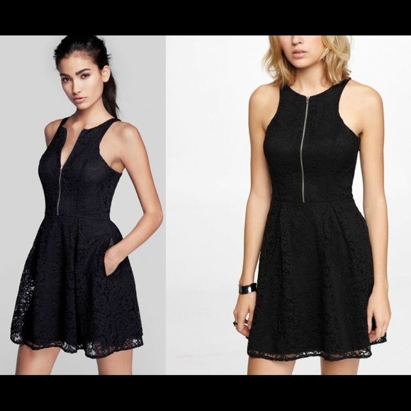 Express Black Lace Zip Front Fit and Flare Dress - Picture 8 of 8