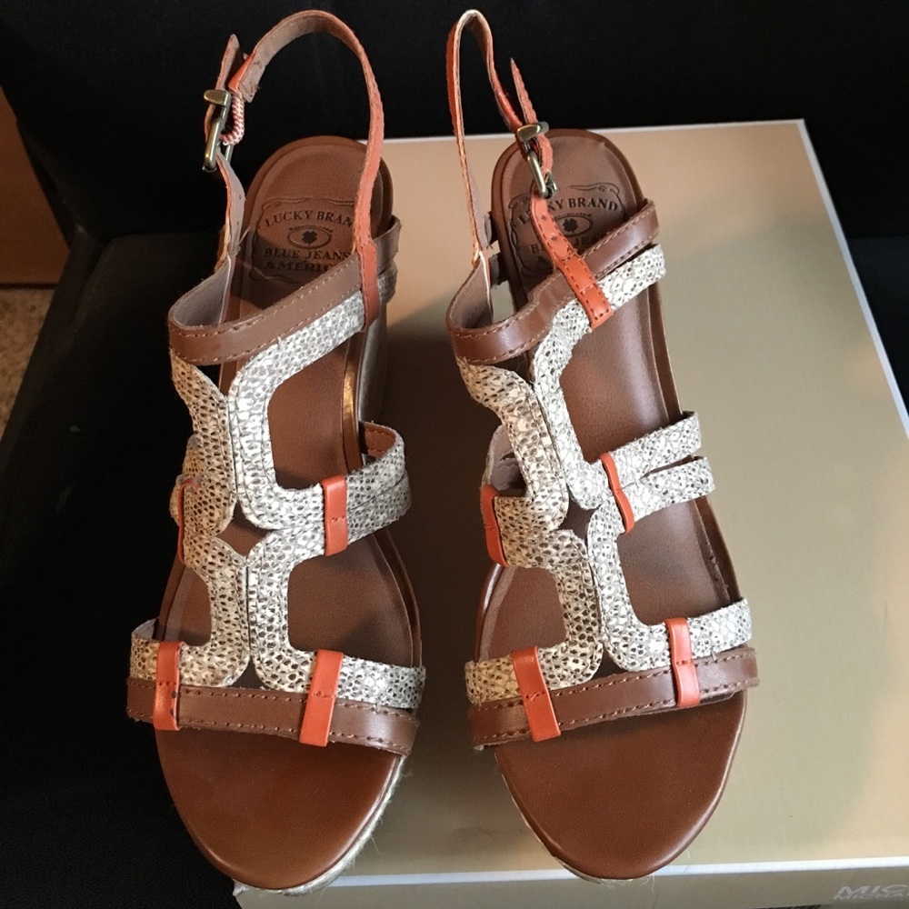 Lucky Brand Orange And Tan Keena Wedges