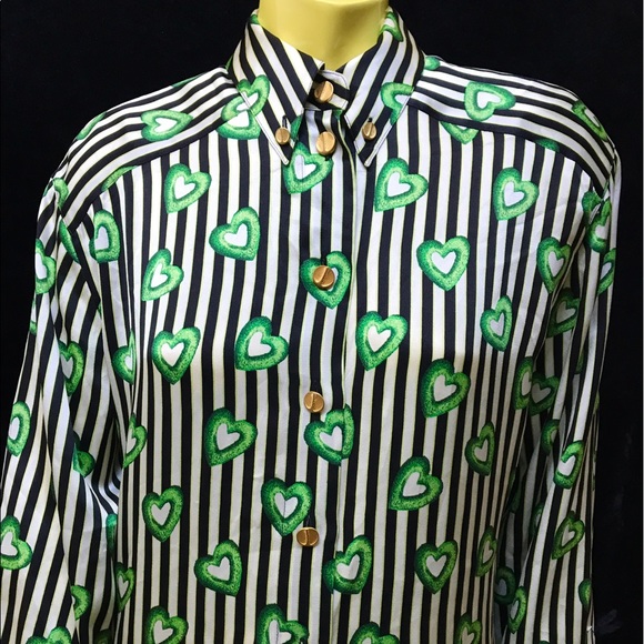 Escada Tops - •🚫SOLD🚫 Escada Hearts & Striped Silk Blouse 💚•