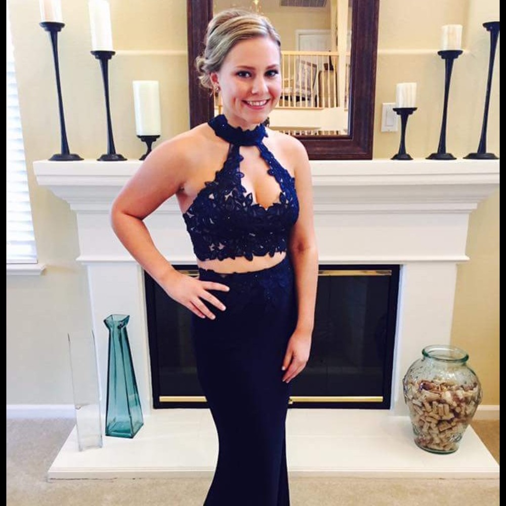 Navy blue la femme prom gown.