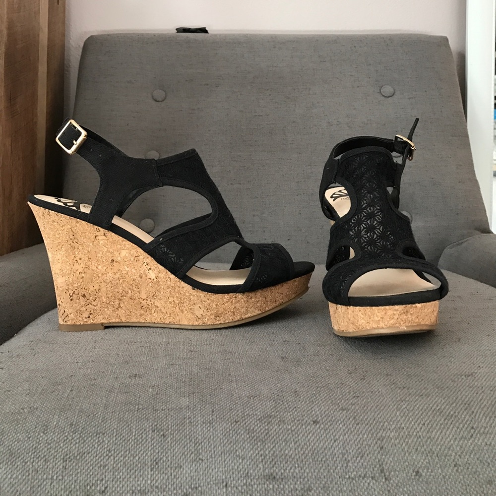 Fergalicious by Fergie black and cork wedges