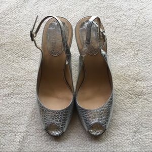 Cole Haan silver leather sling back peep toe heels