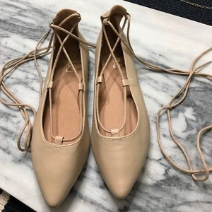 Nude Pointed Toe Ghillie Lace Up Ballet Flats