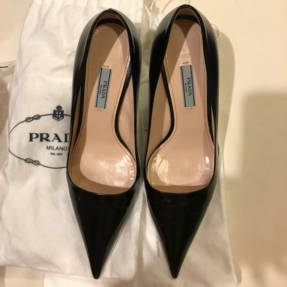 Prada Shoes - Prada black heel with white soul, gold "Prada"