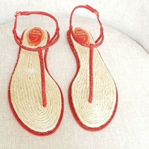 Rene Caovilla Red Jute Swarovski Sandals