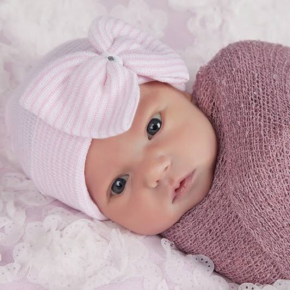 Pink and white striped nursery hat big bow