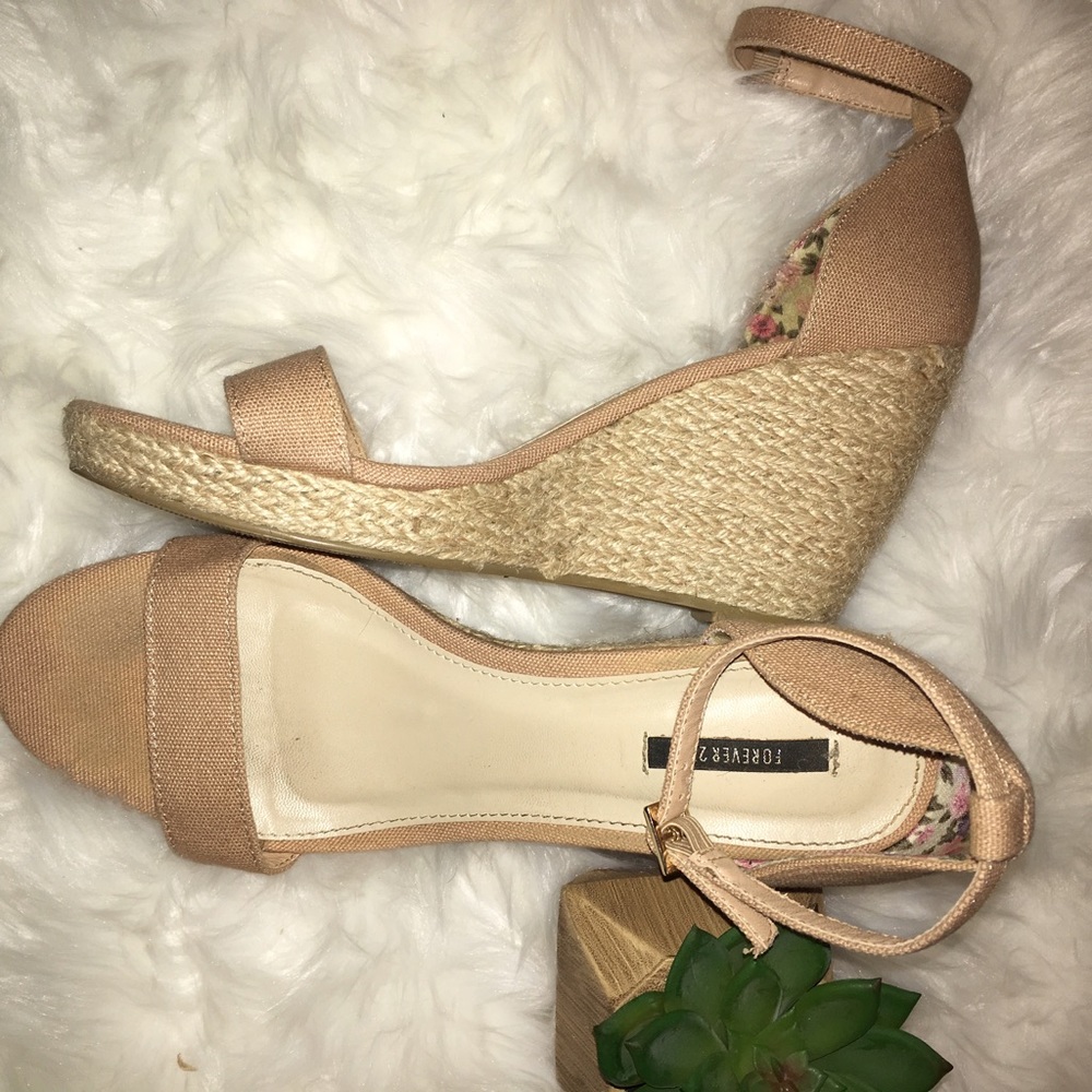 Beige Ankle Strap Wedge Sandals