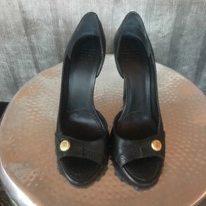 GIVENCHY Black leather open toe d'Orsay pumps