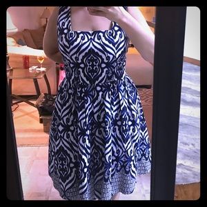 Blue and white dress.