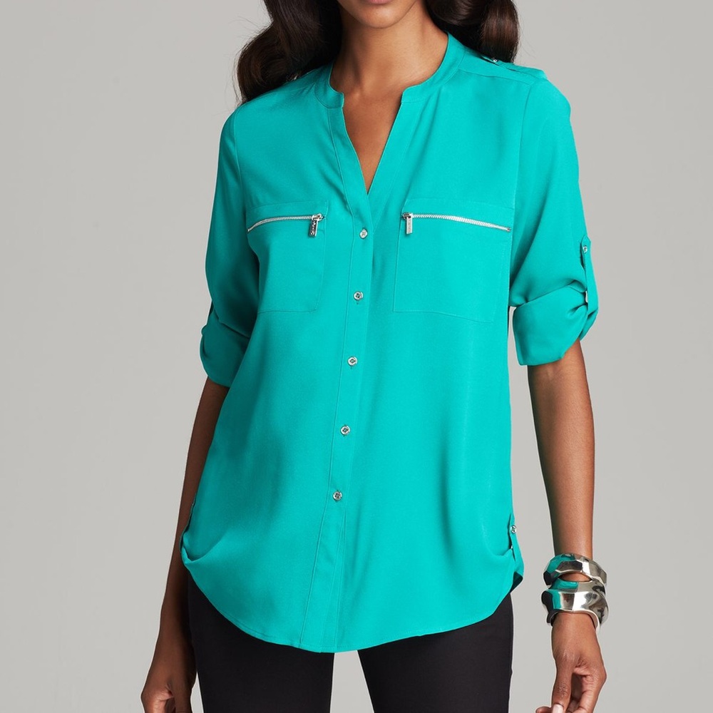 Calvin Klein Turquoise Green Silver Button Down