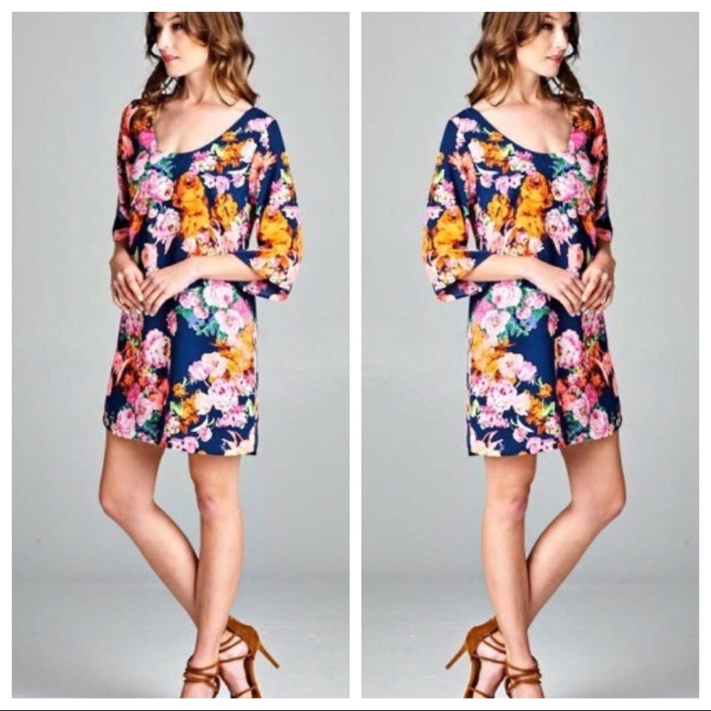 Floral Angel Sleeve Scoop Neck V-Back Shift Dress - Picture 3 of 8