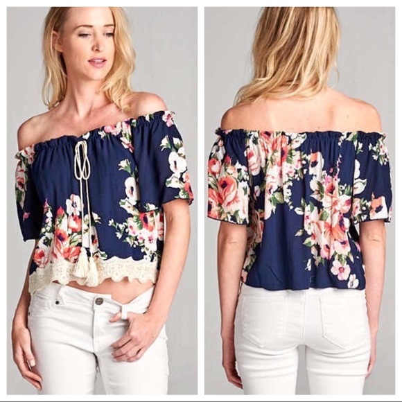 Floral Off The Shoulder Crochet Hem Tassel Tie Top - Picture 2 of 5