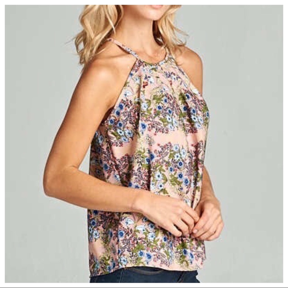 Garden Floral Keyhole Pleat Front Racerback Top - Picture 1 of 6