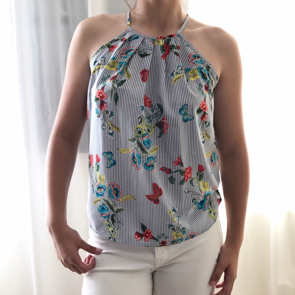 Striped Butterfly Floral Keyhole Racerback Top - Picture 4 of 6