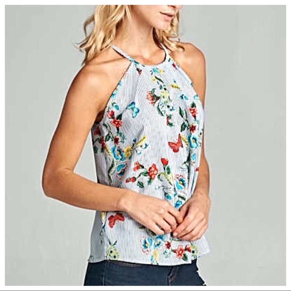 Striped Butterfly Floral Keyhole Racerback Top - Picture 6 of 6
