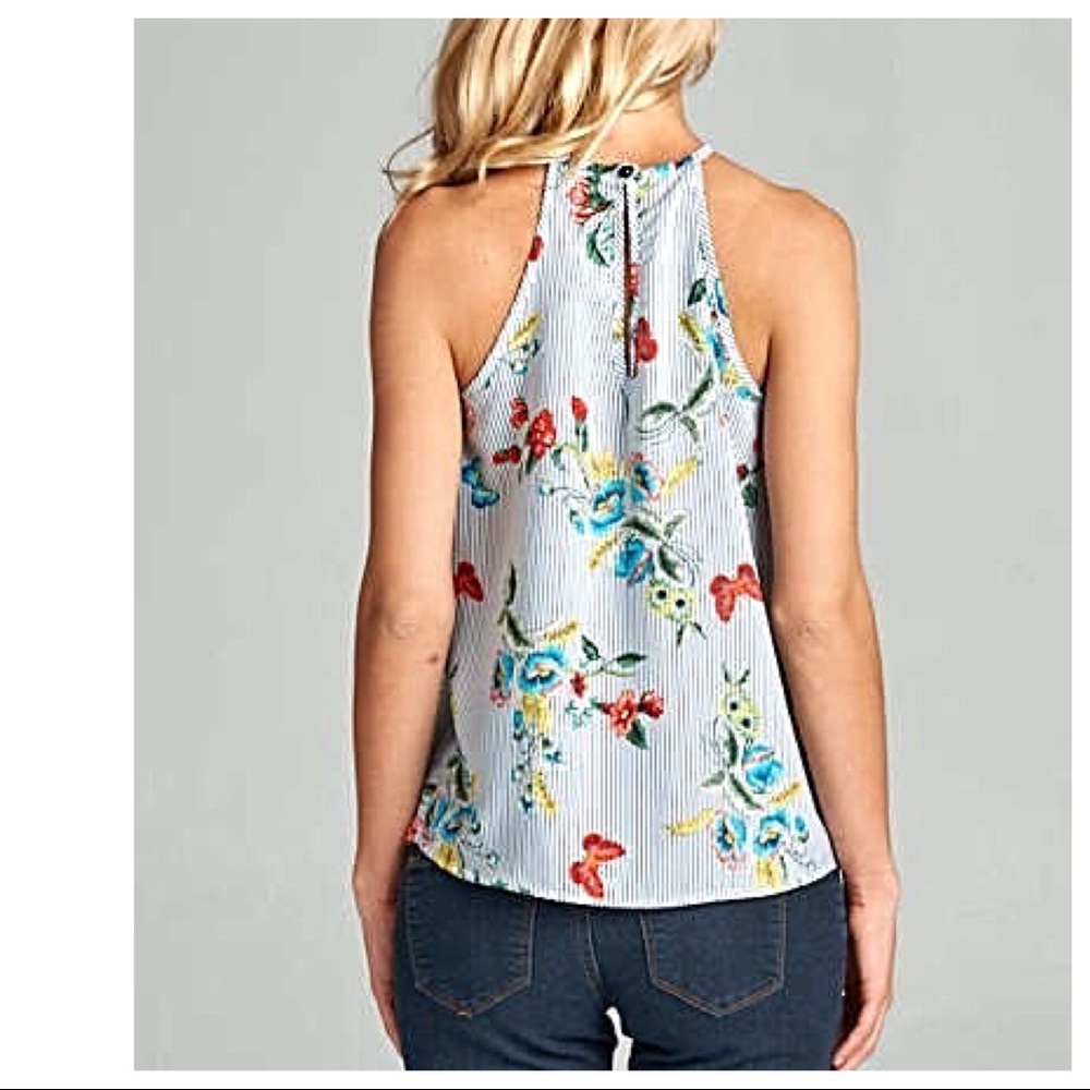 Striped Butterfly Floral Keyhole Racerback Top - Picture 2 of 6