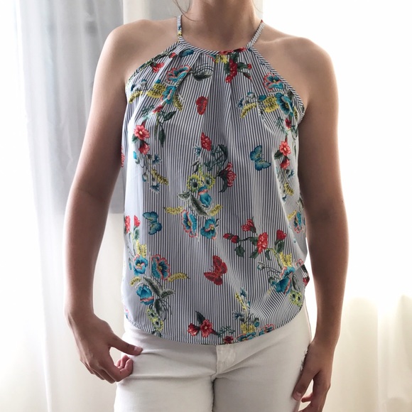 Striped Butterfly Floral Keyhole Racerback Top - Picture 4 of 6