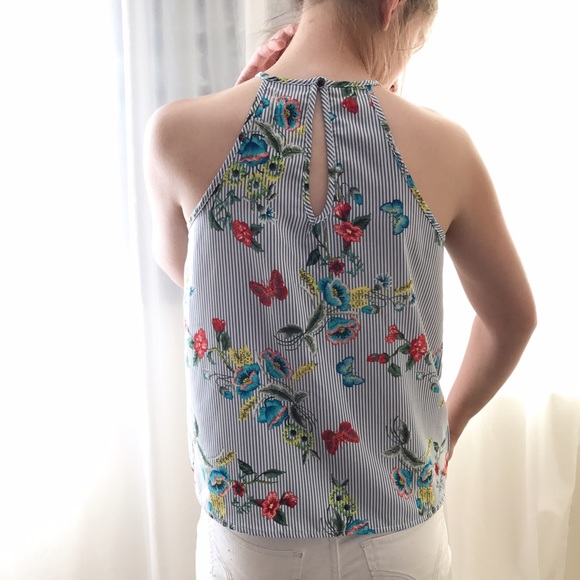 Striped Butterfly Floral Keyhole Racerback Top - Picture 5 of 6