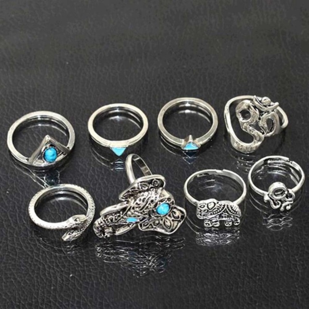 Silver Turquoise Boho Elephant Om Ring Midi Set - Picture 3 of 5