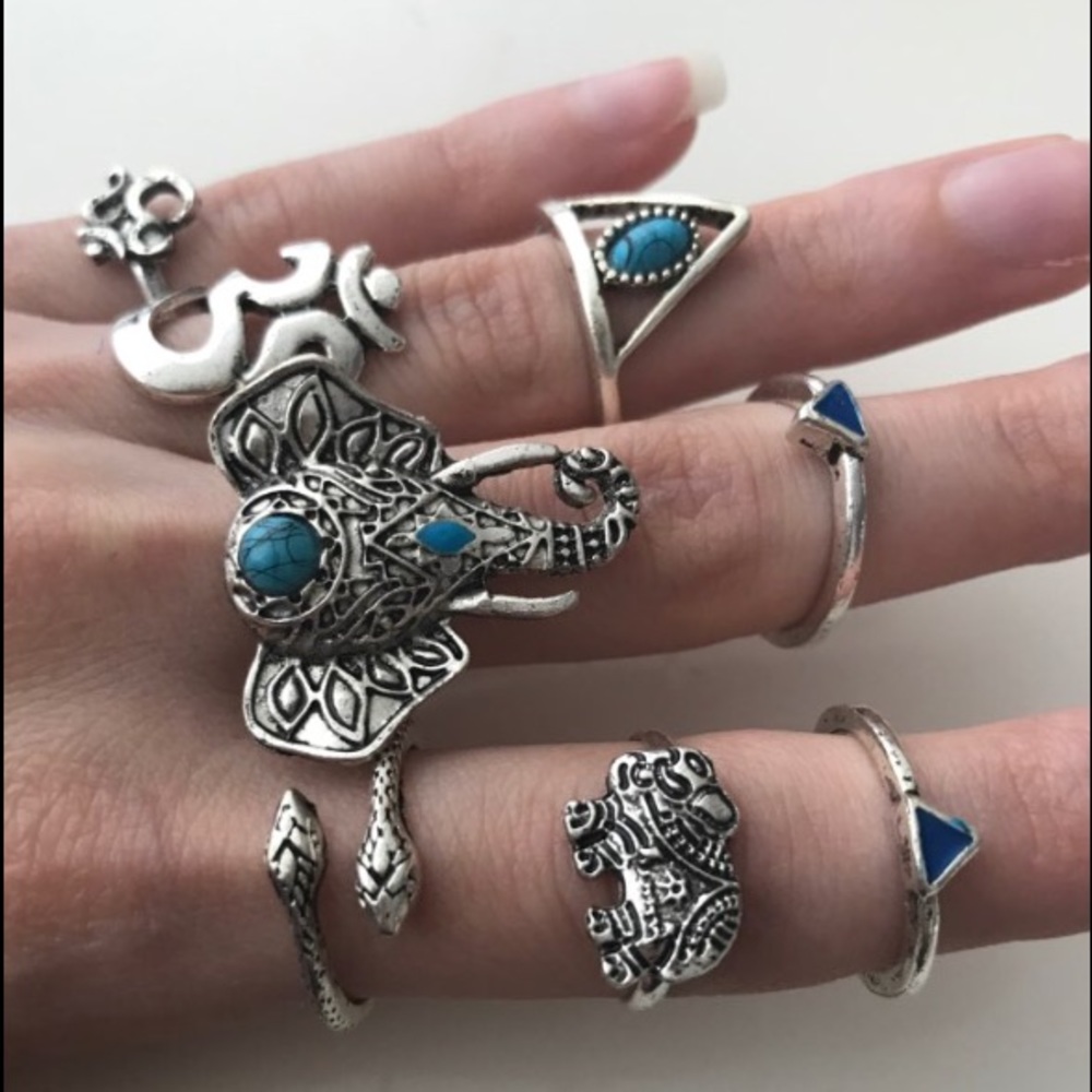 Silver Turquoise Boho Elephant Om Ring Midi Set - Picture 5 of 5