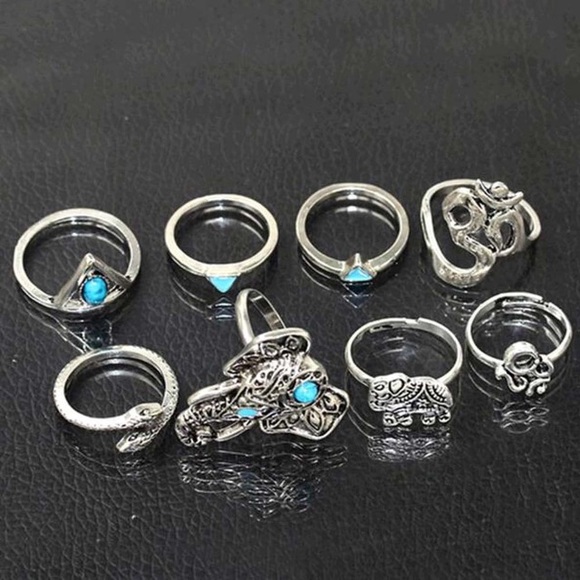 Silver Turquoise Boho Elephant Om Ring Midi Set - Picture 3 of 5