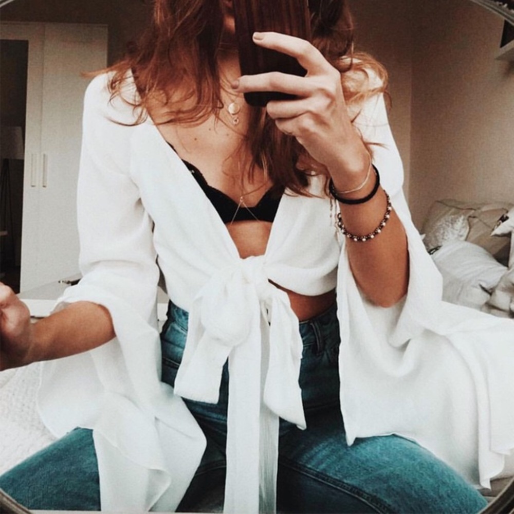 LAST ONE • tie front bell sleeve top • - Picture 2 of 5