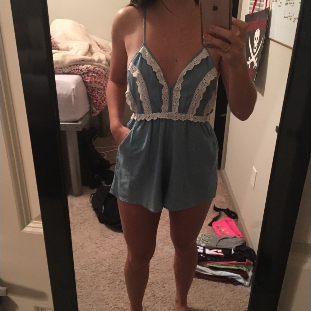 Tobi denim lace trim backless romper