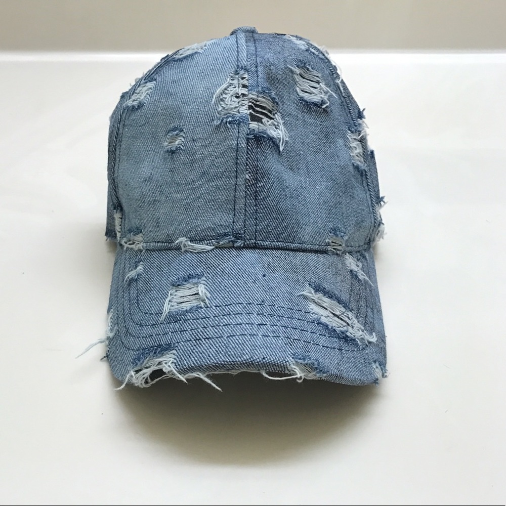 Distressed denim baseball cap