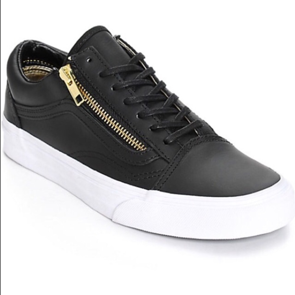 Vans Old Skool Black Leather 8.5 Gold Zipper Slip