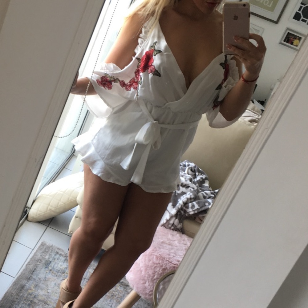 Adorable White Satin Romper with Floral Detail
