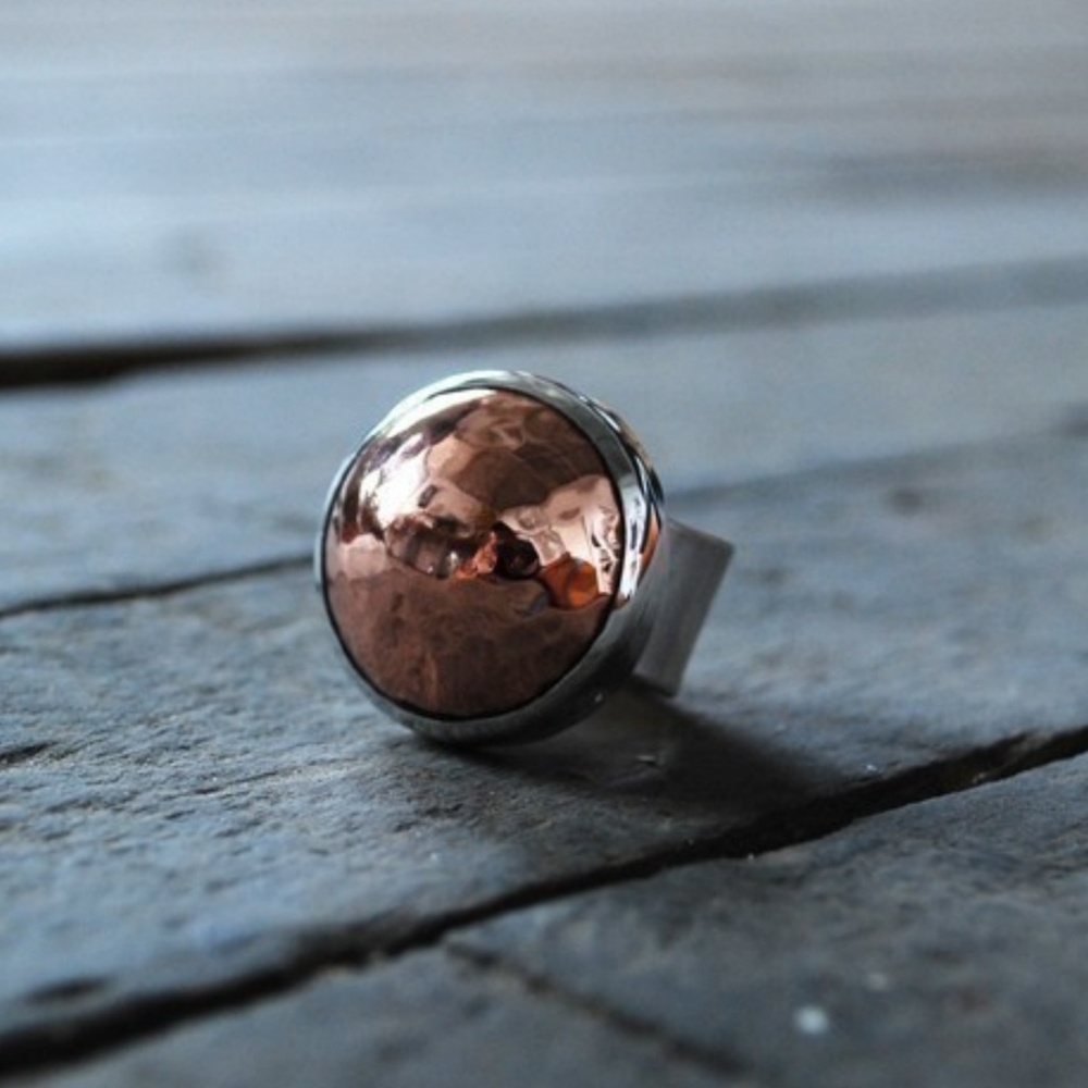 Hand Domed &Hammered Copper, Set In Sterling Ring - Picture 1 of 4