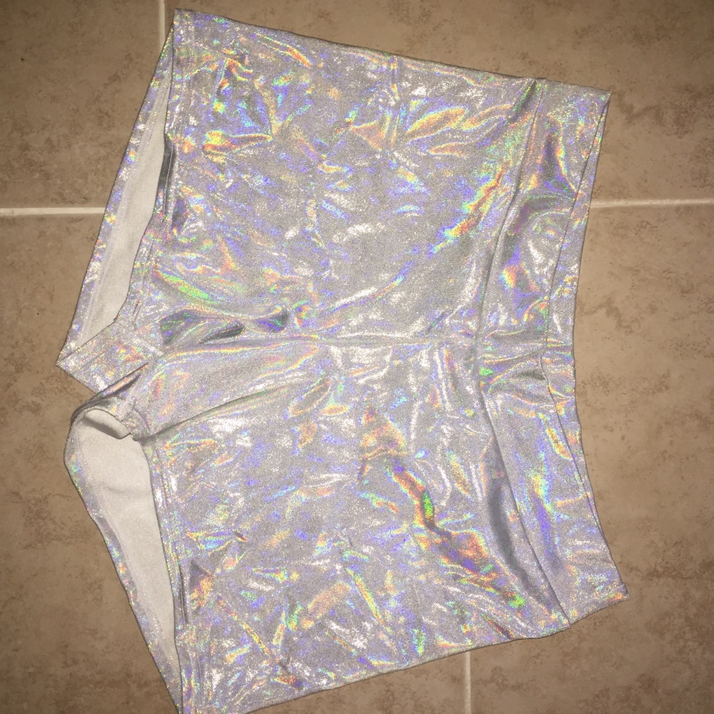 White silver holographic iridescent rave shorts