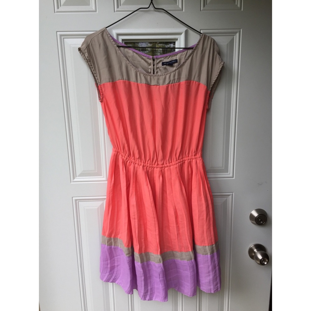 American Eagle Coral Colorblock Pleated Dress