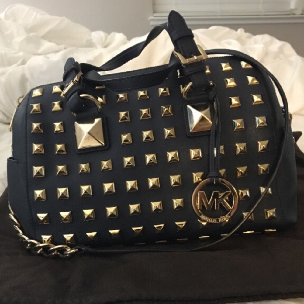 Michael Kors gold studded navy blue tote