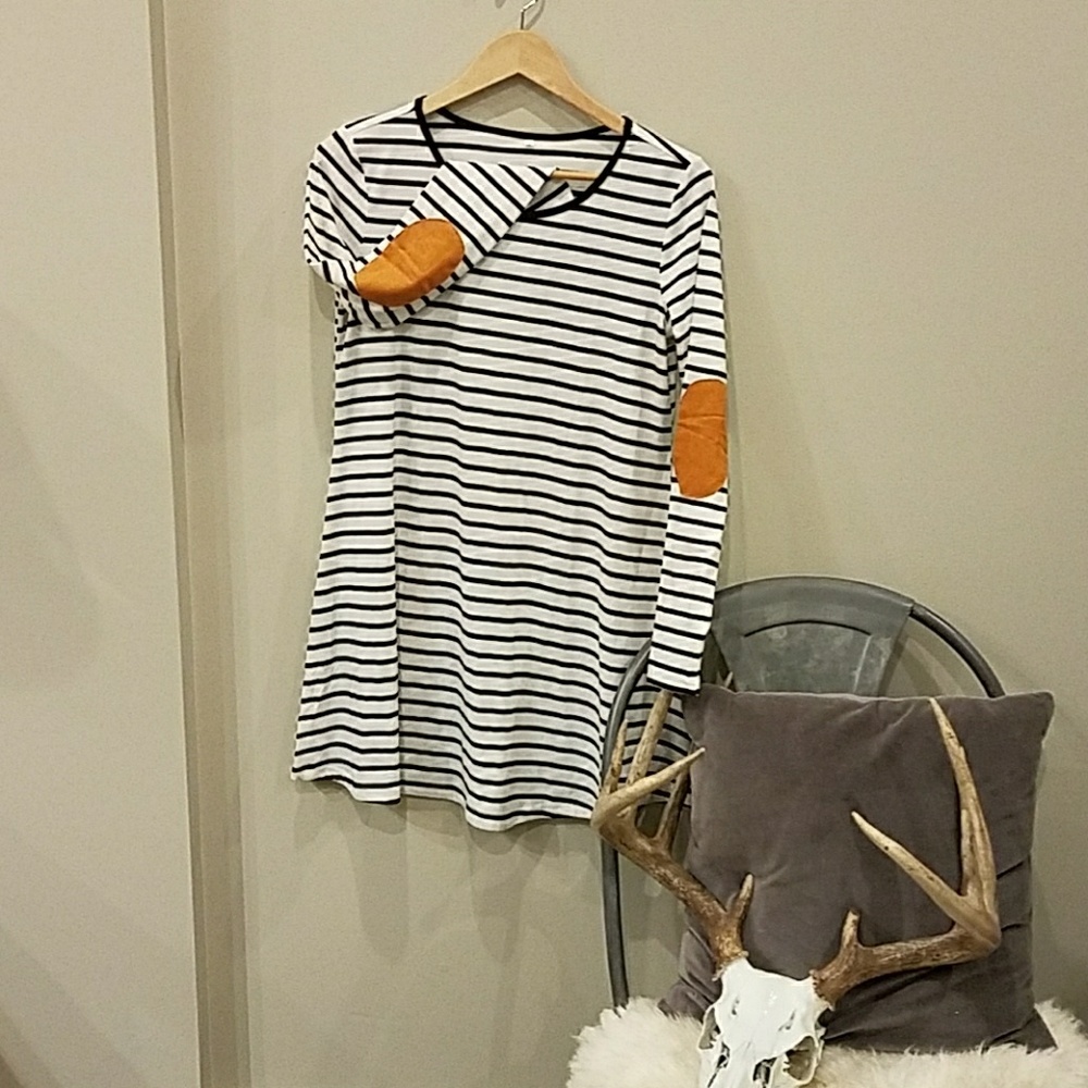 Stripped T-shirt Dress with Elbow Patches