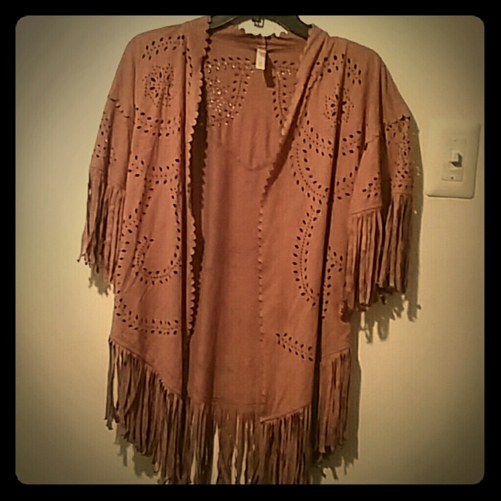 Hippie Chic Fringed Tan Kimono with cutout detail