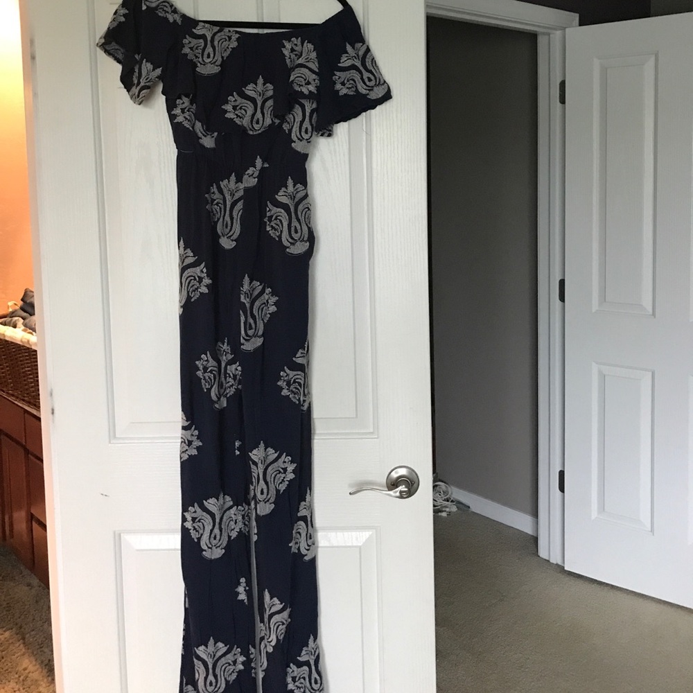 Dark blue embroidered off the shoulder jump suit