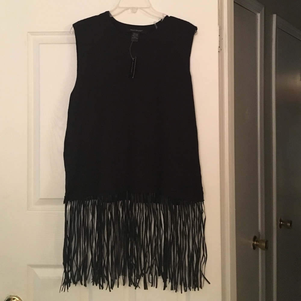 Ashley Stewart shell with faux leather fringes.