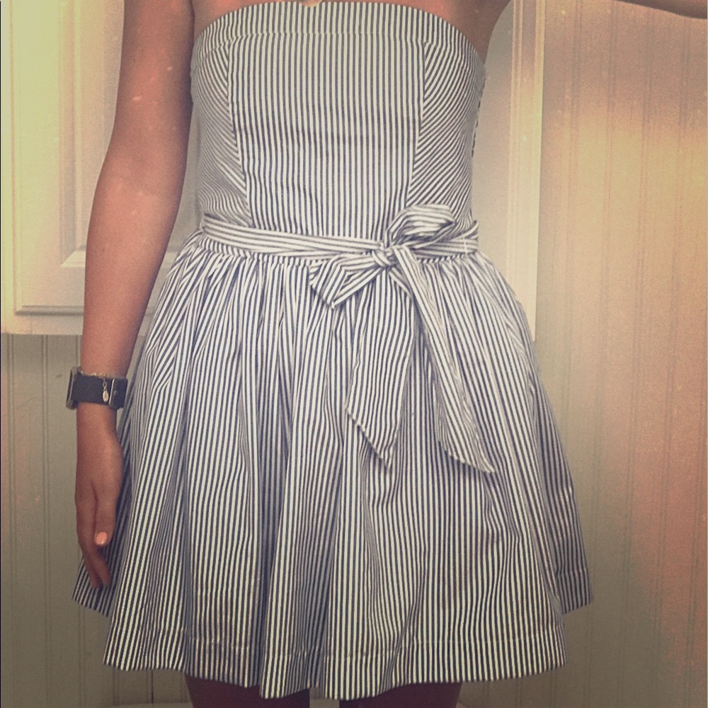 Blue and white striped strapless dress
