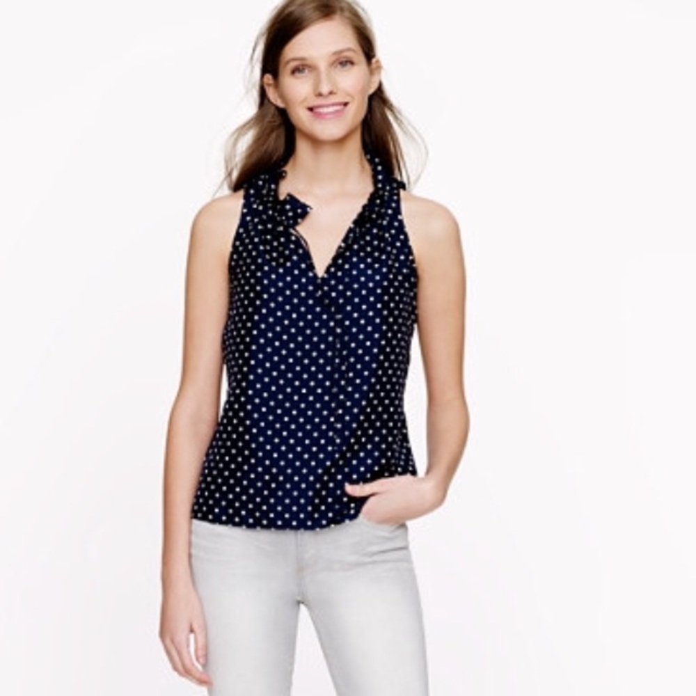 J. Crew Silk Ruffle Collar Navy Dot Popover Blouse