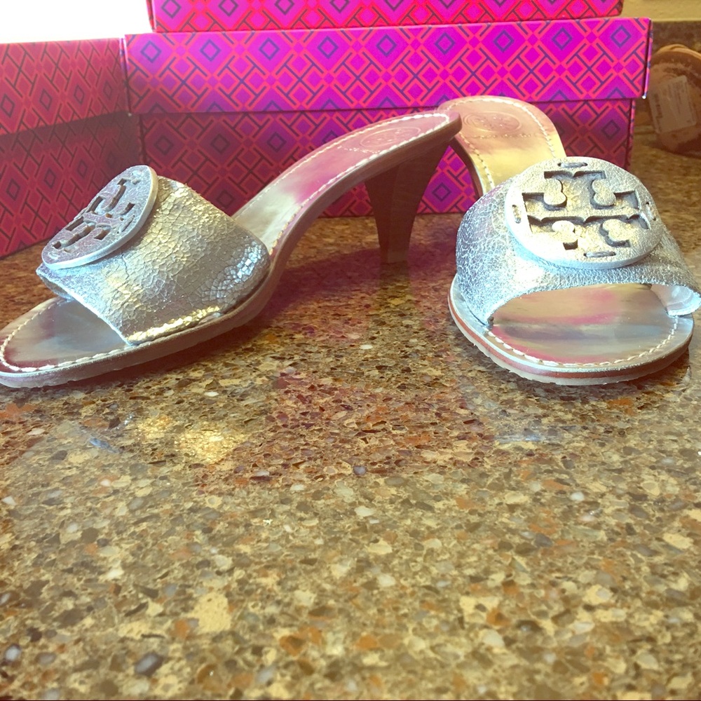 Tory Burch slide sandal silver, stacked heel